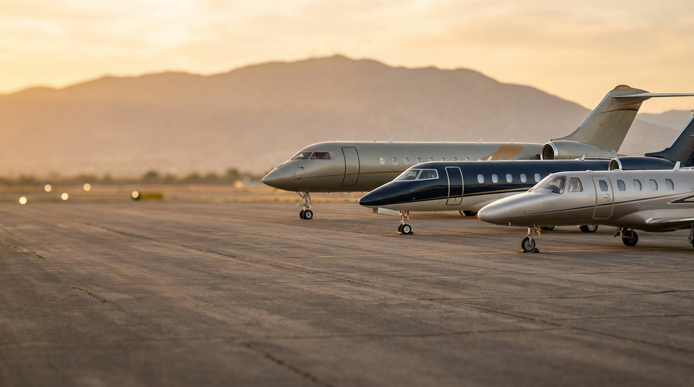 Three business jets of progressively larger size parked side by side on a tarmac at golden hour, mountain ridge in the soft-focus distance.