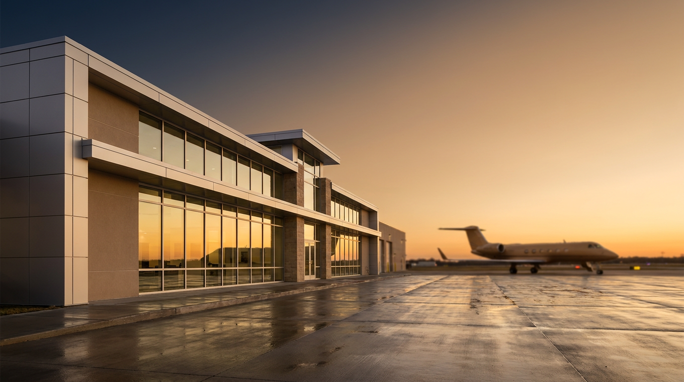 A modern FBO building's exterior at golden hour viewed from the ramp side: clean architectural lines, large floor-to-ceiling windows reflecting warm late light, a single midsize jet visible parked in soft focus on the right.