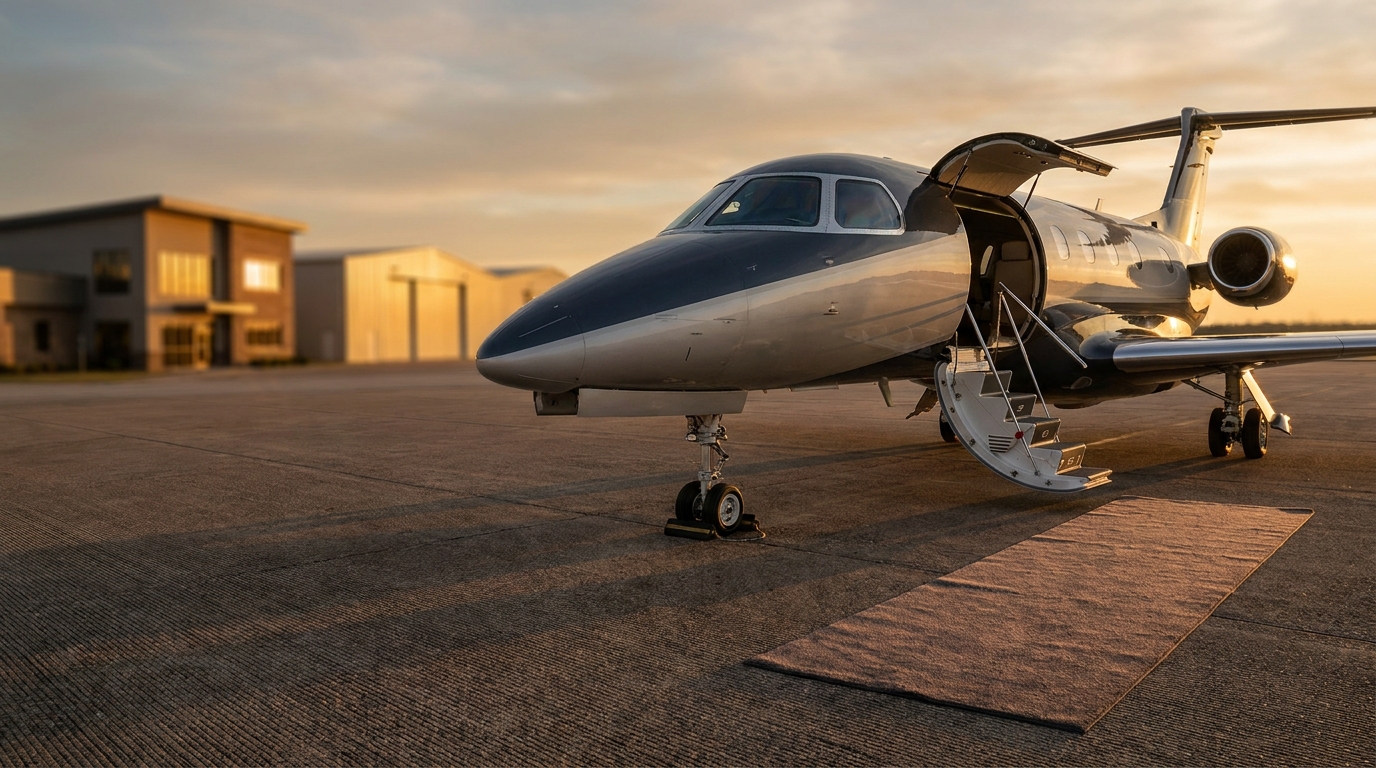 A midsize business jet parked on a quiet tarmac at golden hour with airstairs deployed, warm light catching the doorway and entry carpet, the FBO building visible in soft focus to one side.