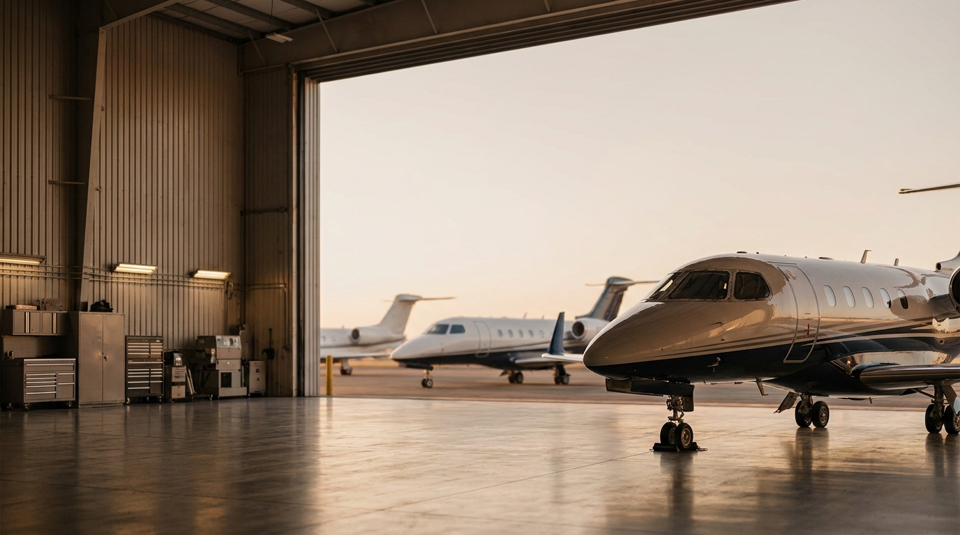 Three midsize jets parked in line down a clean open hangar at golden hour, the foreground jet in sharp focus and the others receding into softer depth.