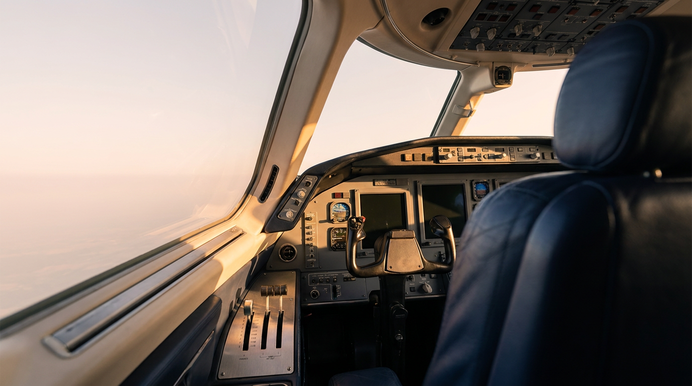 View from the cockpit of a private jet at golden hour, instrument panel illuminated against a sky washed in amber and rose light over a distant horizon