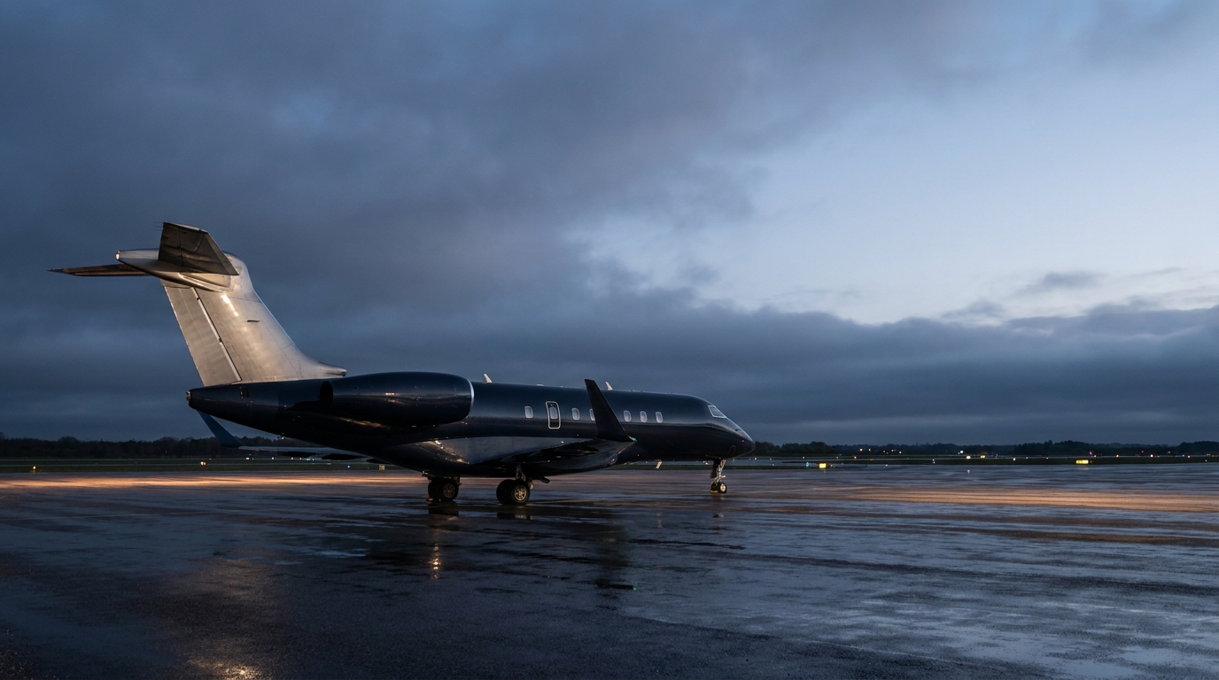 A heavy business jet on a wet northern tarmac at blue hour, low cloud overhead and runway lights reflecting on the wet surface, conveying long-haul international departure rather than vacation arrival.