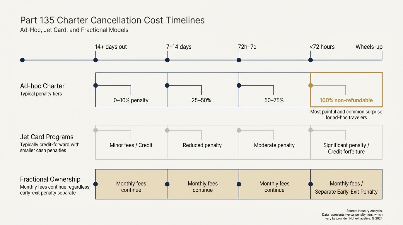 Editorial timeline showing cancellation penalty windows by program type. Charter ad-hoc rises from 0 to 10% outside 14 days to 75 to 100% inside 72 hours, jet card stays refundable on regular days but jumps to 100% inside the peak-day window, and fractional shifts to a positioning-and-crew billing model inside the call-out window. The inside-72-hour charter cell is highlighted in gold.