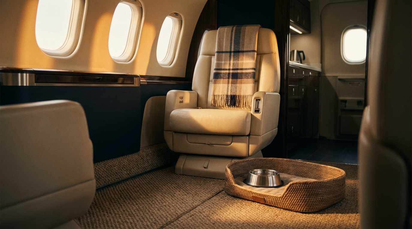 An empty business jet cabin at golden hour, warm light through oval windows on a cream leather seat with a folded plaid throw, a low-profile woven dog bed and a small water bowl on the carpet beside the seat.