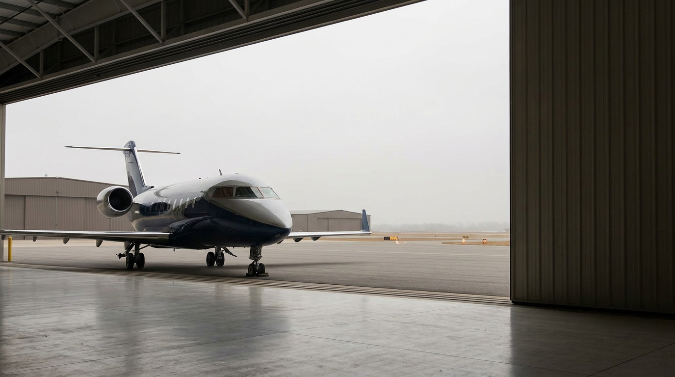 A midsize business jet parked under a hangar overhang in soft overcast light, half-covered by hangar shadow, the open ramp beyond visible but empty, a flight that didn't depart.