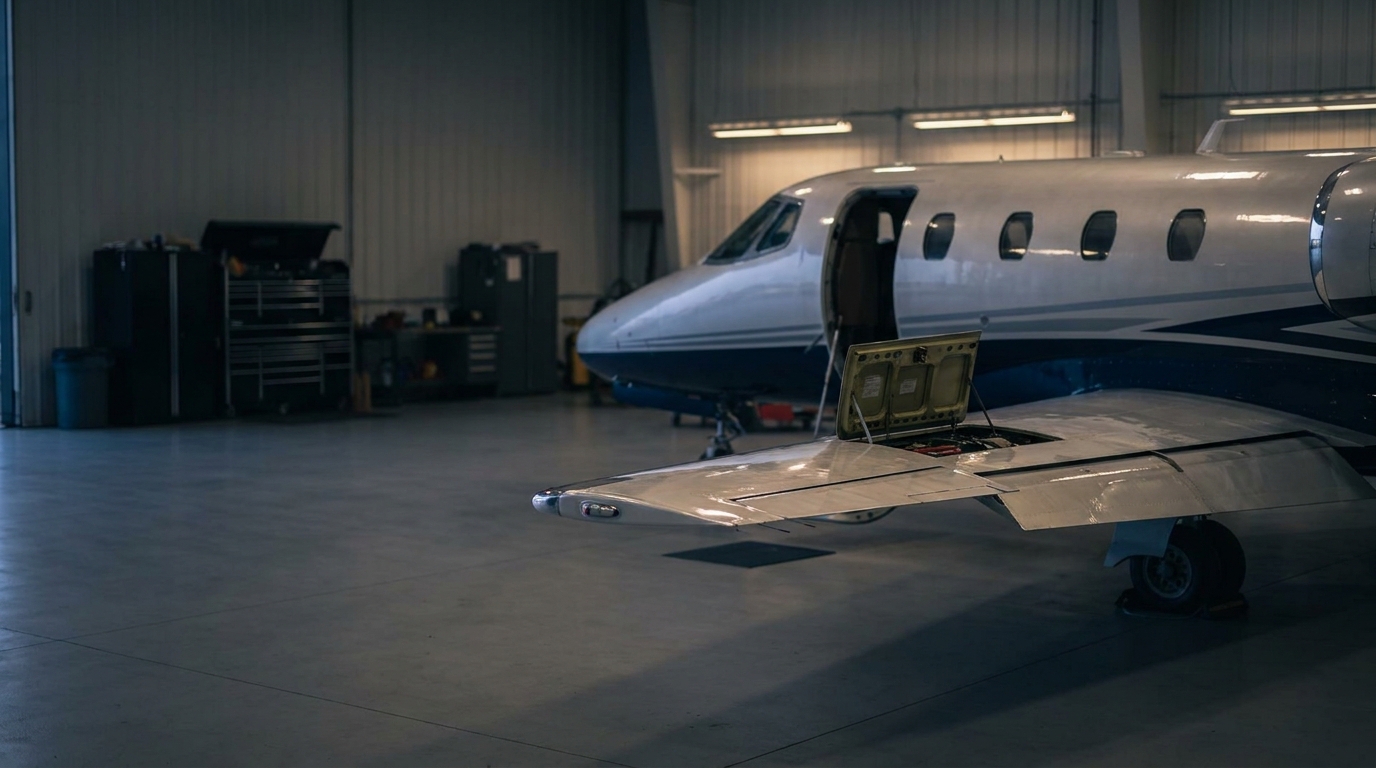 A polished older-generation midsize business jet on a sunlit ramp, hangar doors open behind it, signaling that a well-maintained legacy airframe is still a credible charter aircraft.