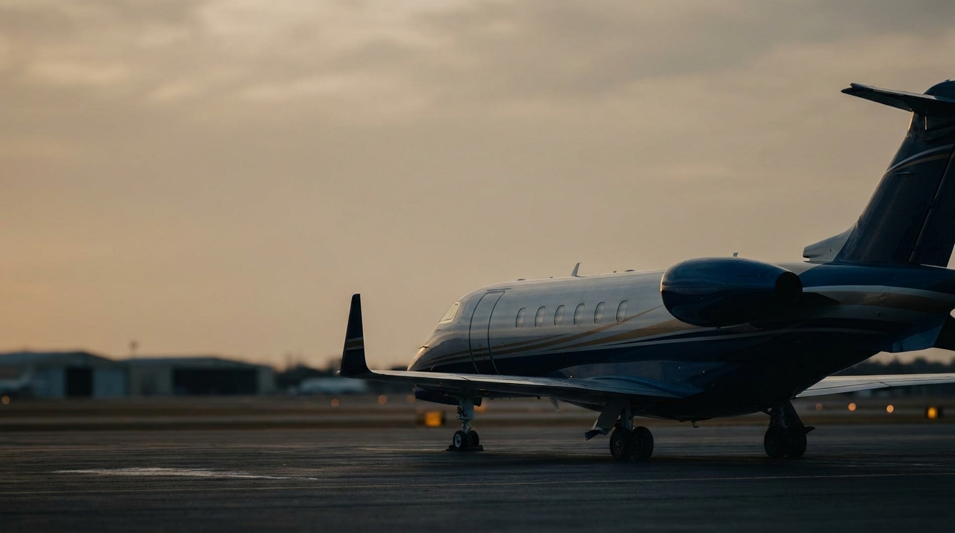 A midsize business jet on a quiet ramp at twilight, half its tail in deep shadow, runway lights faintly visible in the soft-focus background. A moment of waiting between trips.